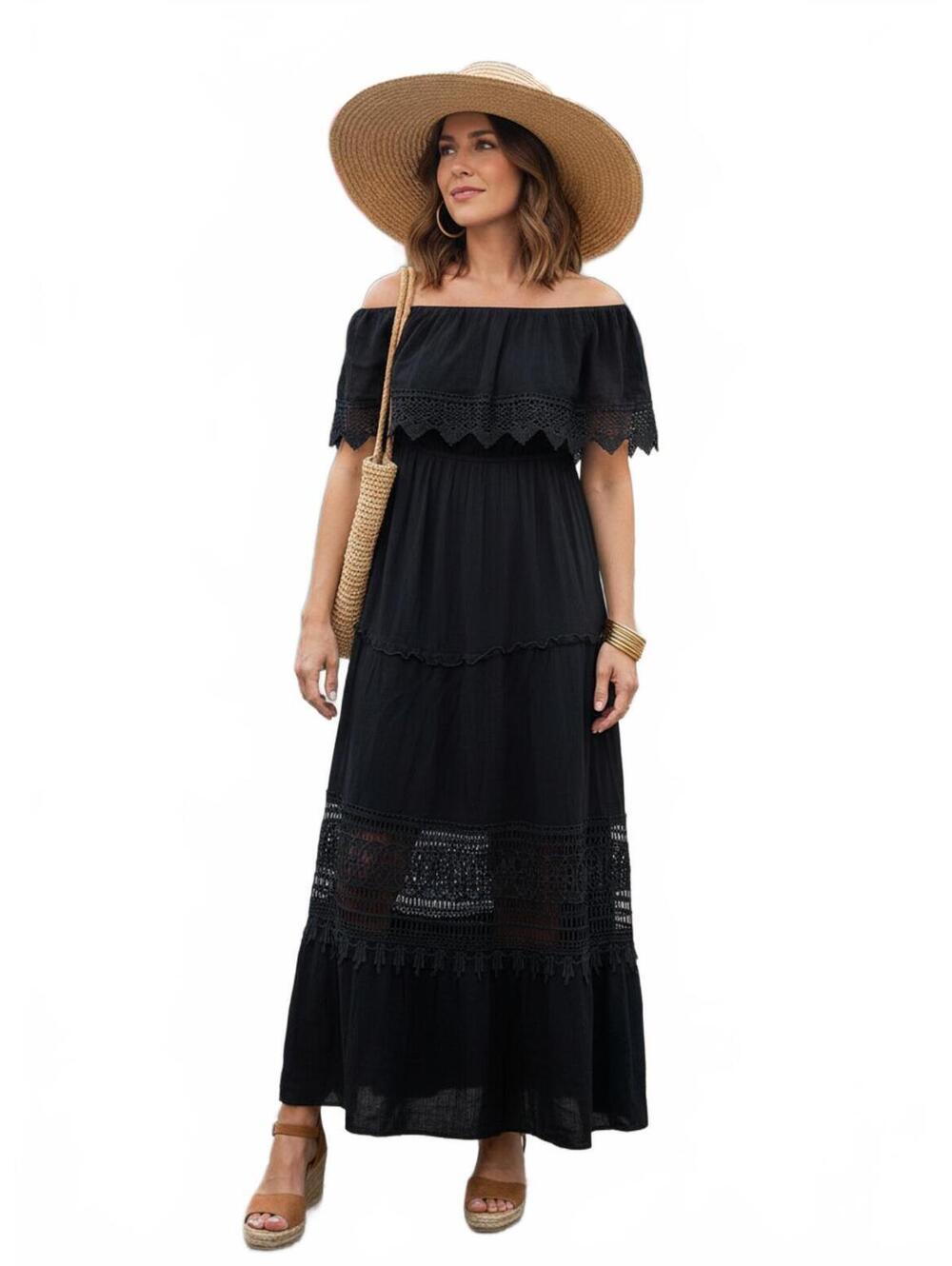 Apricot Black Off The Shoulder Maxi Dress Lace Tiered Peasant CottageCore Size S